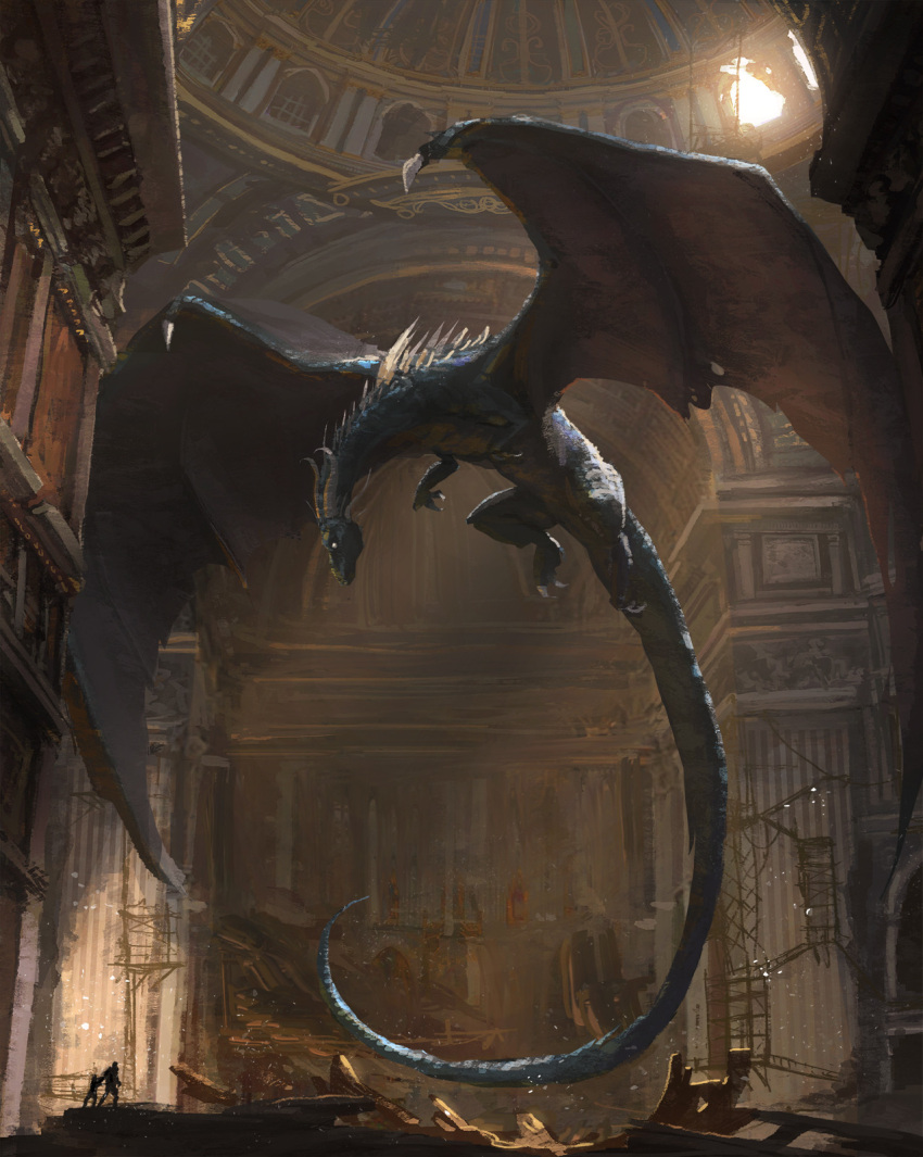 animal_focus, architecture, claws, column, commentary, day, debris, dragon, english_commentary, fantasy, from_side, highres, hole_in_ceiling, horns, indoors, monster, original, painterly, pillar, renart, silhouette, spread_wings, tail, western_dragon, wings