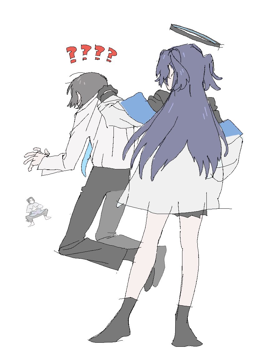 1girl, 2boys, ?, ??, anzaiteru_099, black_gloves, black_hair, black_pants