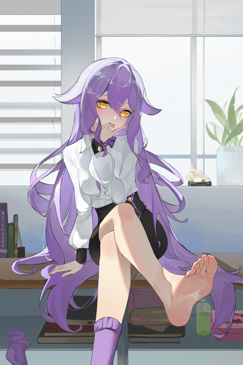 1girl, absurdres, black_footwear, black_skirt, breasts, desk, hair_between_eyes, highres