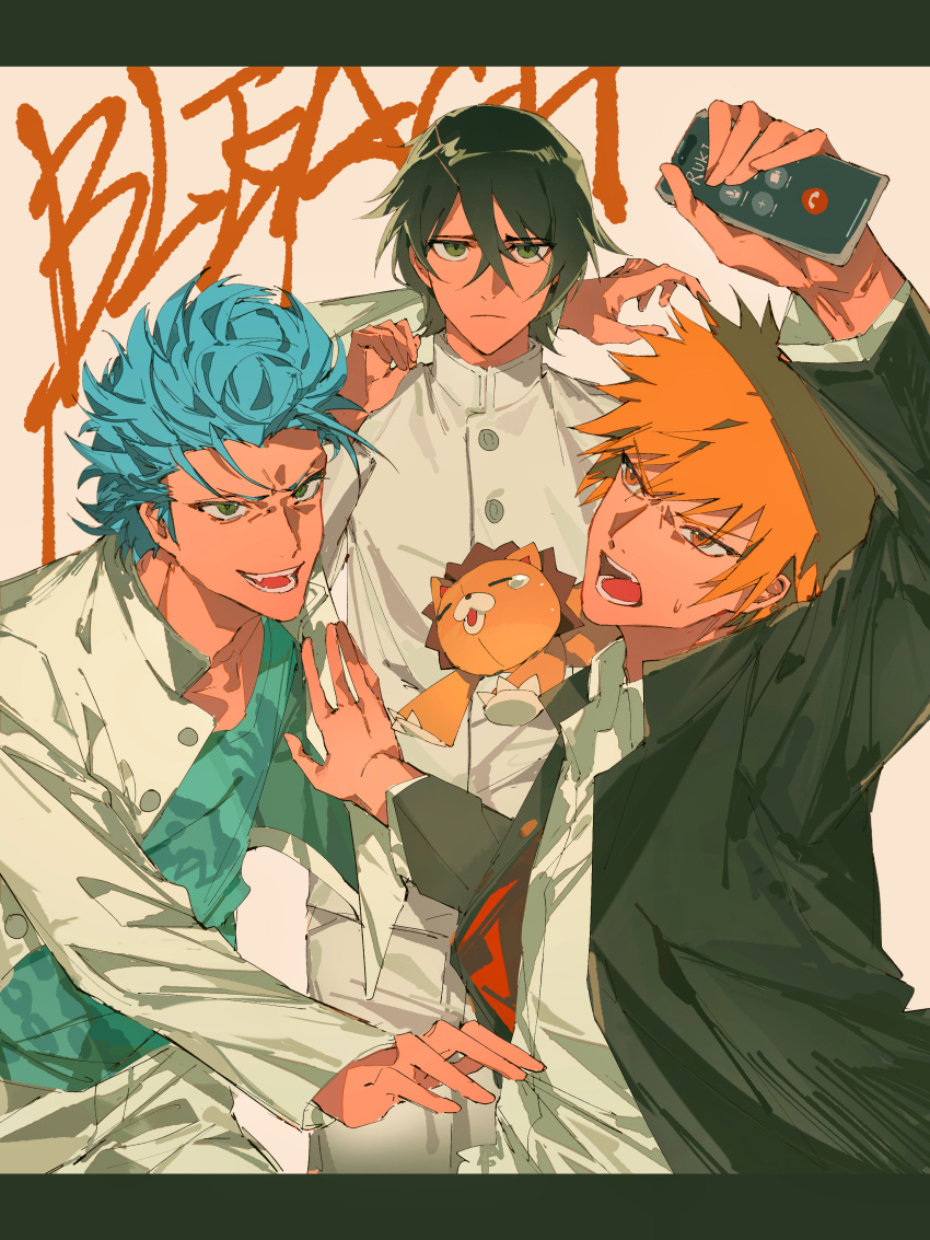 1other, 3boys, absurdres, arrancar, black_hair, black_jacket, bleach, blue_hair