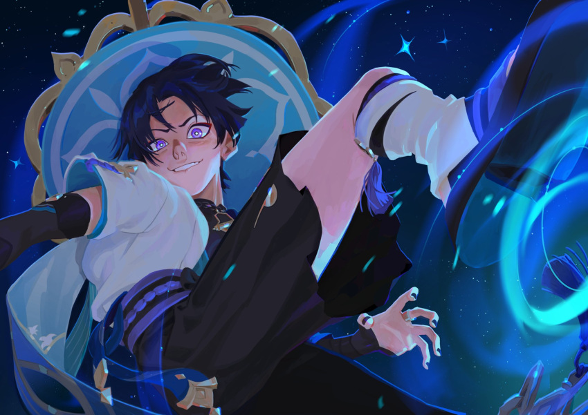 1boy, alisvart, biting_own_lip, black_nails, bright_pupils, constricted_pupils, fighting_stance, floating_clothes