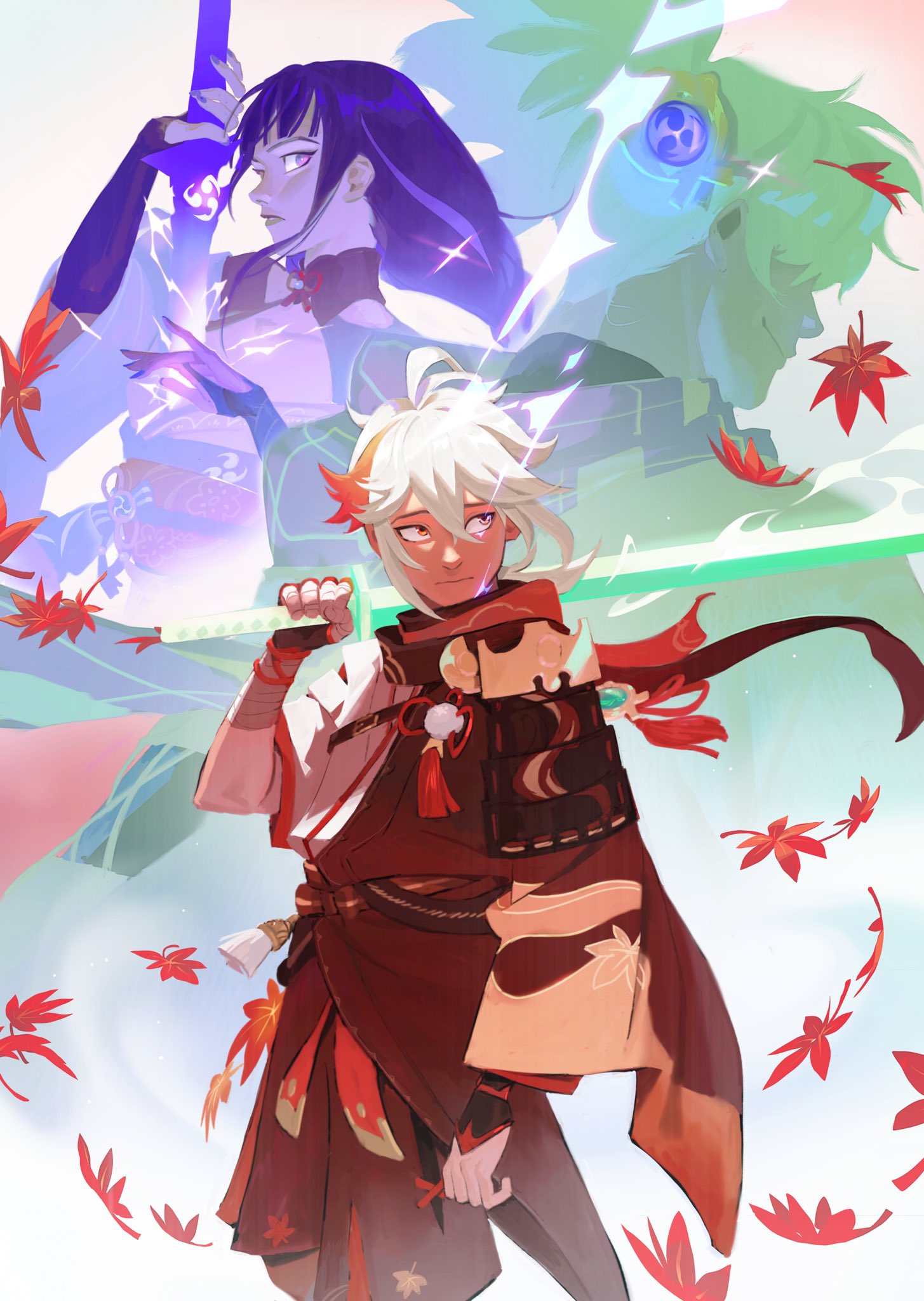 1girl, 2boys, alisvart, arm_at_side, closed_mouth, collage, falling_leaves, genshin_impact