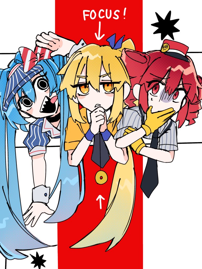 3girls, akita_neru, black_eyes, blonde_hair, blue_hair, commentary, drill_hair, gloves
