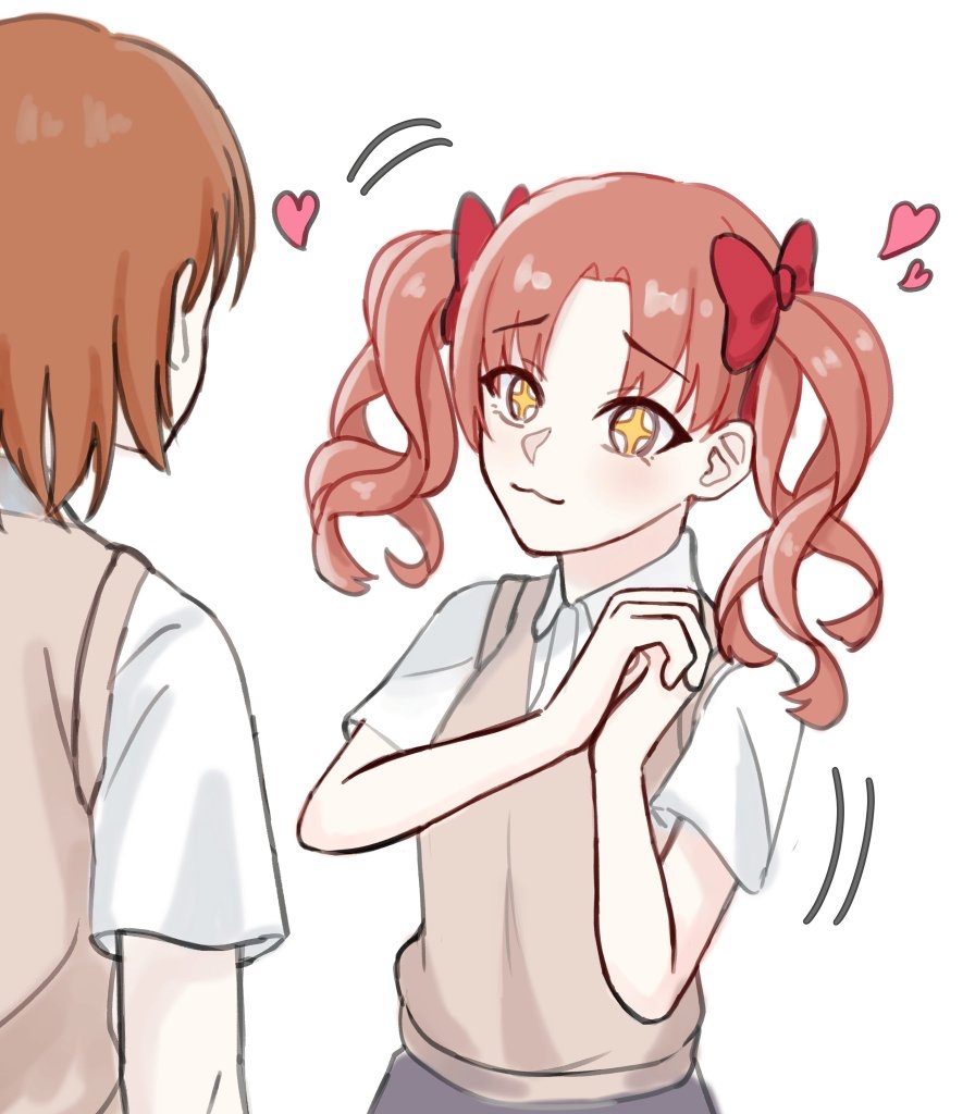 +_+, 2girls, :3, ansan_0927, bow, brown_eyes, brown_hair, brown_sweater_vest, collared_shirt, commentary_request, grey_skirt, hair_bow, heart, long_hair, medium_hair, misaka_mikoto, multiple_girls, own_hands_together, red_bow, school_emblem, school_uniform, shirai_kuroko, shirt, short_sleeves, skirt, summer_uniform, sweater_vest, toaru_kagaku_no_railgun, toaru_majutsu_no_index, tokiwadai_school_uniform, twintails, white_background, white_shirt