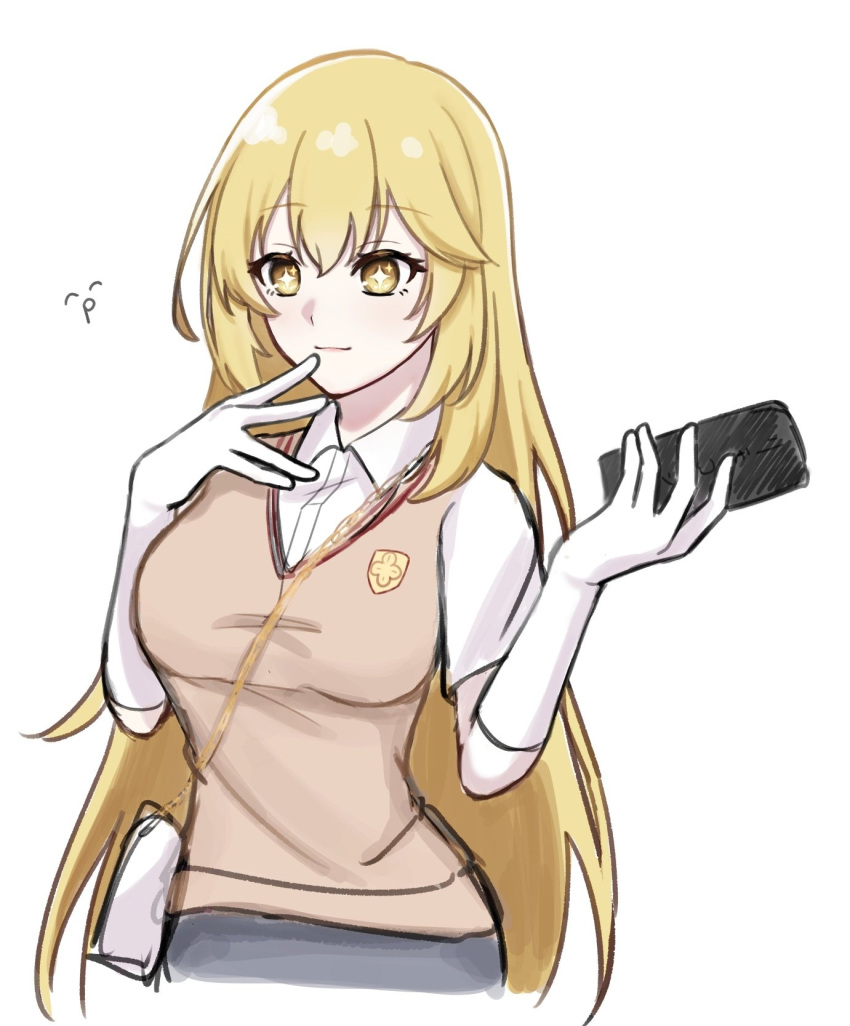 1girl, ansan_0927, bag, blonde_hair, breasts, brown_sweater_vest, collared_shirt, commentary_request, controller, elbow_gloves, finger_to_mouth, gloves, grey_skirt, handbag, highres, holding, holding_remote_control, large_breasts, long_hair, remote_control, school_emblem, school_uniform, shirt, shokuhou_misaki, short_sleeves, skirt, solo, sparkling_eyes, summer_uniform, sweater_vest, toaru_kagaku_no_mental_out, toaru_kagaku_no_railgun, toaru_majutsu_no_index, tokiwadai_school_uniform, white_background, white_gloves, white_shirt, yellow_eyes