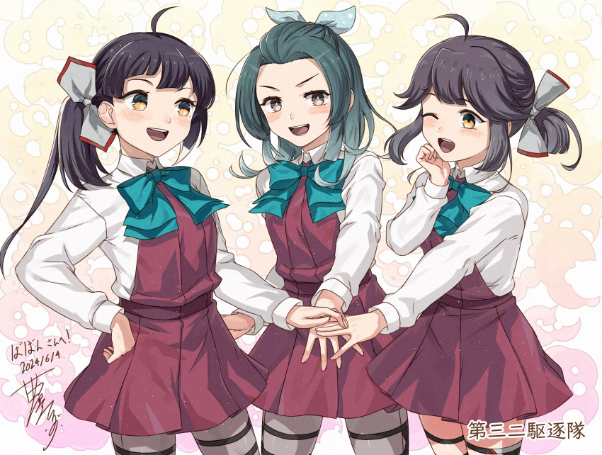 3girls, absurdres, ahoge, aqua_bow, aqua_bowtie, black_hair, blue_bow, blue_bowtie