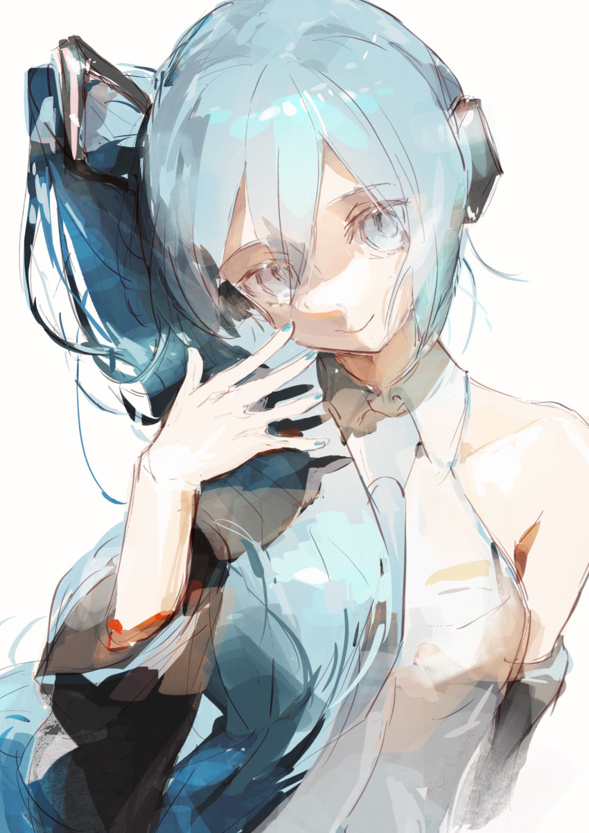 1girl, absurdres, bare_shoulders, blue_eyes, blue_hair, blue_nails, blue_necktie, breasts