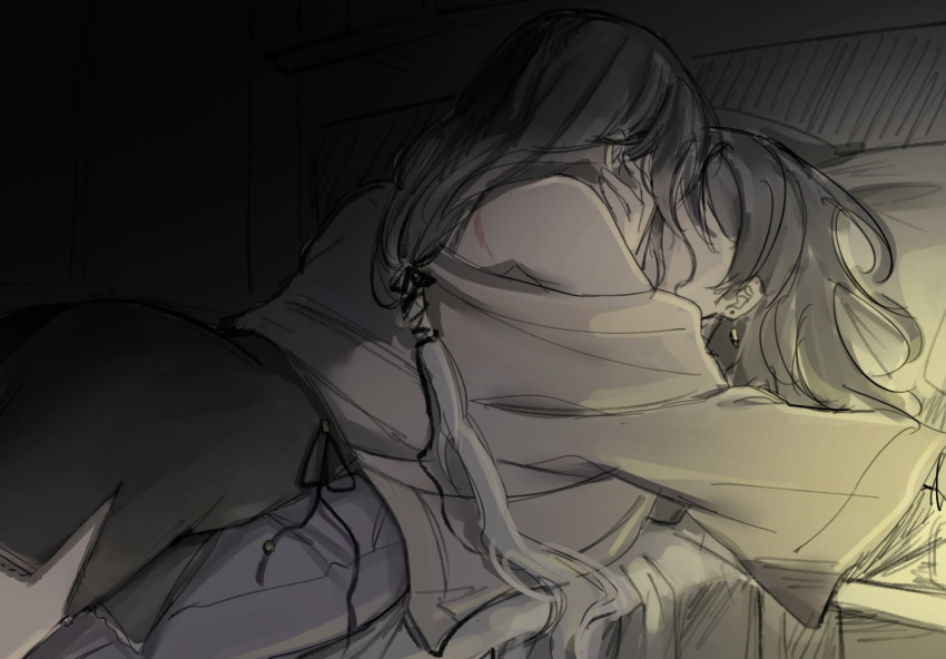 2girls, angell_(path_to_nowhere), chief_(path_to_nowhere), commentary_request, eoltto, female_chief_(path_to_nowhere), greyscale, hand_on_another's_face