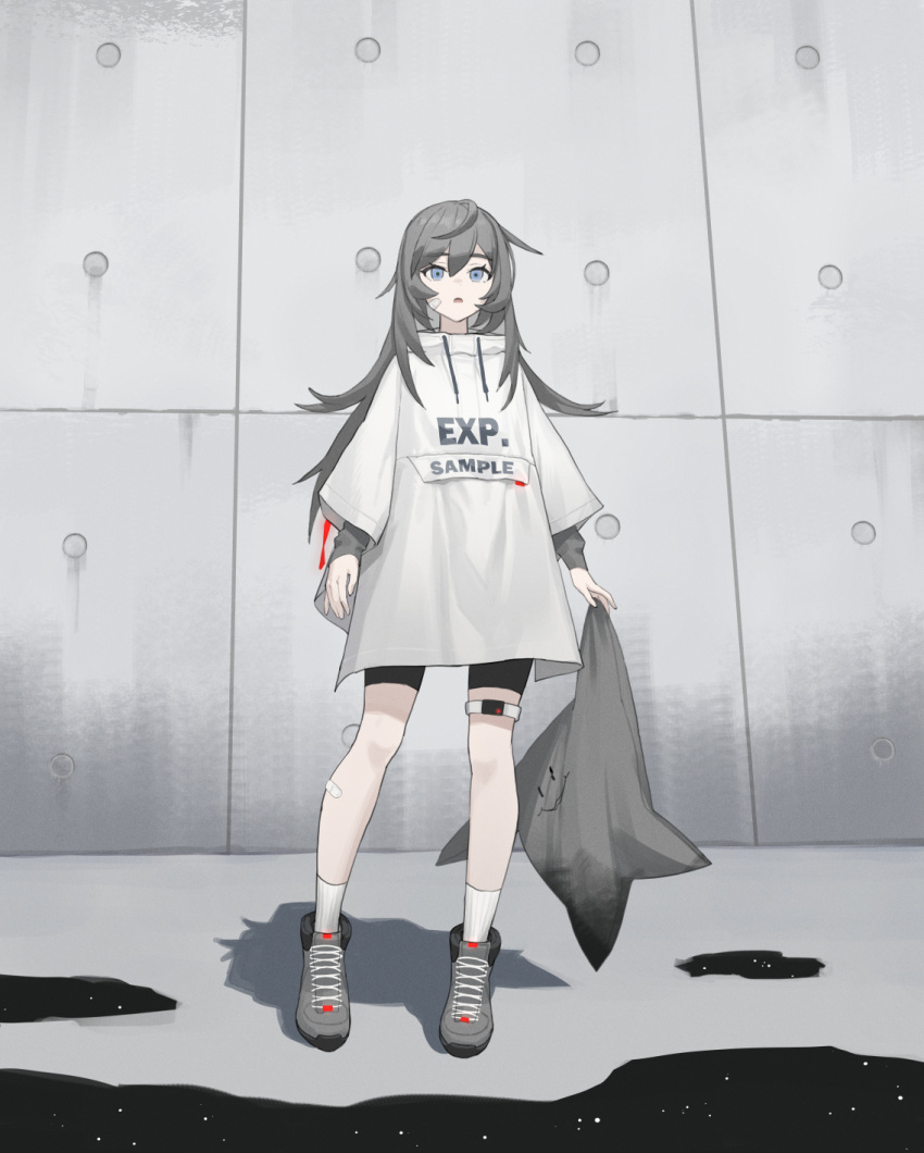 1girl, bike_shorts, black_shorts, blue_eyes, dian_dianmie, english_text, full_body, grey_footwear