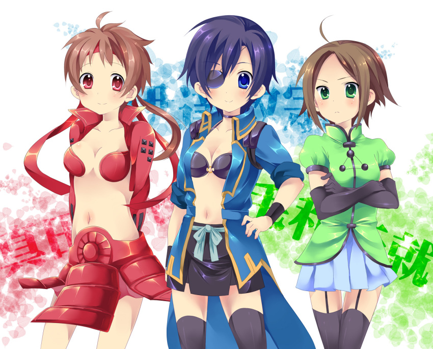 blue_eyes, cleavage, eyepatch, green_eyes, masamune_date, motonari_mouri, red_eyes, sengoku_basara