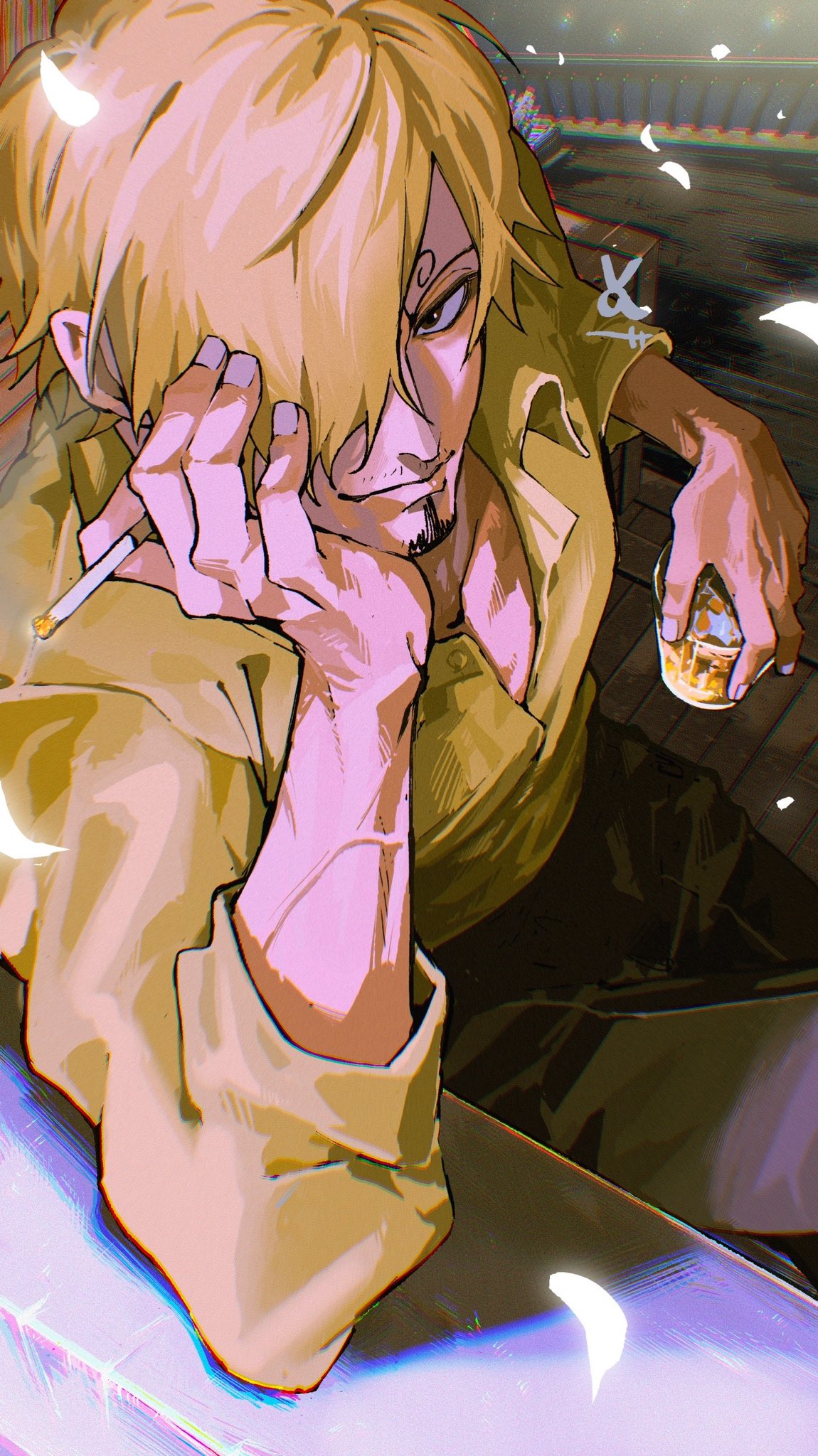 1boy, blonde_hair, chromatic_aberration, cigarette, commentary_request, crossed_legs, cup, curly_eyebrows, facial_hair, from_above, goatee, hair_over_one_eye, hand_on_own_face, highres, holding, holding_cigarette, holding_cup, male_focus, one_piece, sanji_(one_piece), shirt, short_hair, sitting, smile, solo, vasan5555, veins, yellow_shirt