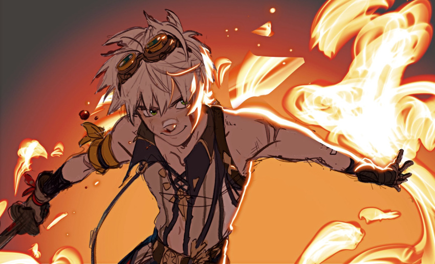 1boy, alisvart, backlighting, bennett_(genshin_impact), bleeding, blood, blood_drop, closed_mouth