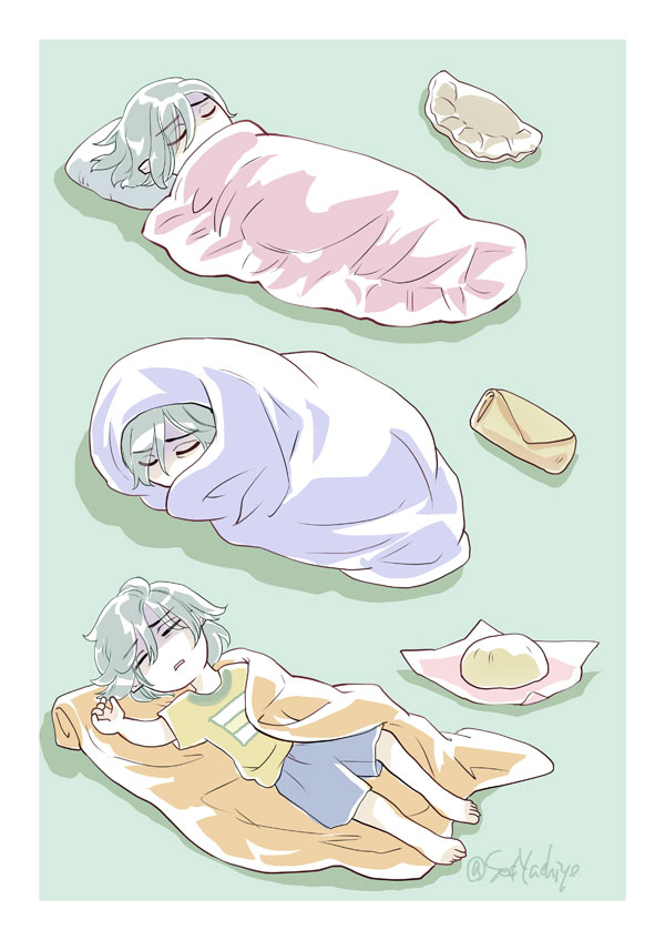 1boy, arm_up, baozi, barefoot, blanket, blue_shorts, casual, chibi, closed_eyes, covered_mouth, curled_up, dumpling, dungeon_meshi, elf, facing_viewer, food, full_body, green_background, grey_background, grey_hair, hair_between_eyes, jiaozi, lying, male_focus, mithrun, multiple_views, notched_ear, on_back, on_side, parted_lips, pillow, pointy_ears, sedyachiyo, shirt, short_hair, shorts, sleeping, spring_roll, t-shirt, twitter_username, under_covers, yellow_shirt