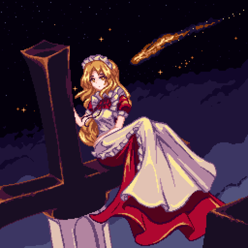 1girl, apron, blonde_hair, comet, dress, hair_ornament, long_hair, maid