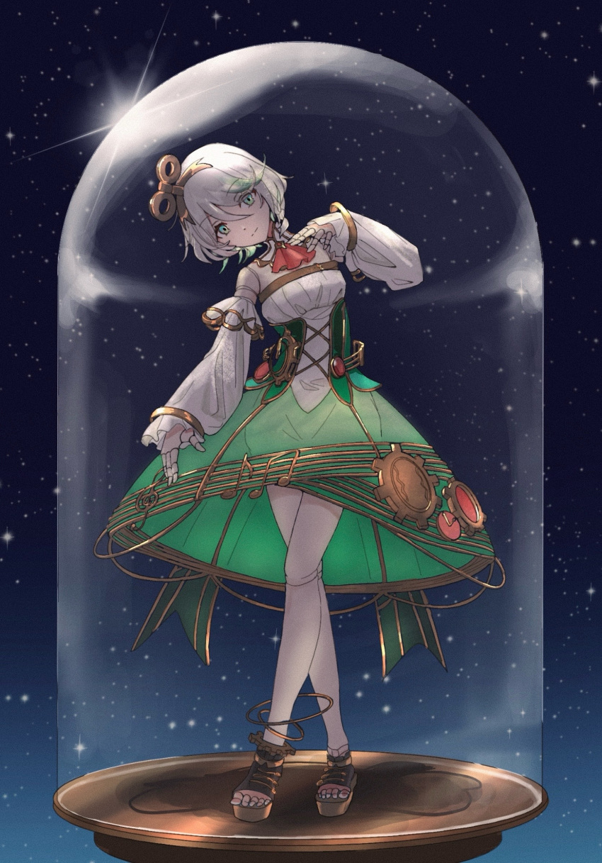 1girl, cecilia_immergreen, dress, fzvkrjisli18183, glass_dome, green_dress, green_eyes, green_hair