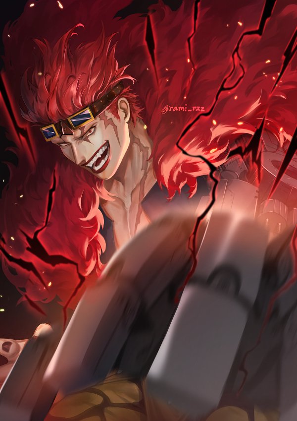 1boy, artist_name, coat, commentary, eustass_kid, fangs, fur_coat, goggles