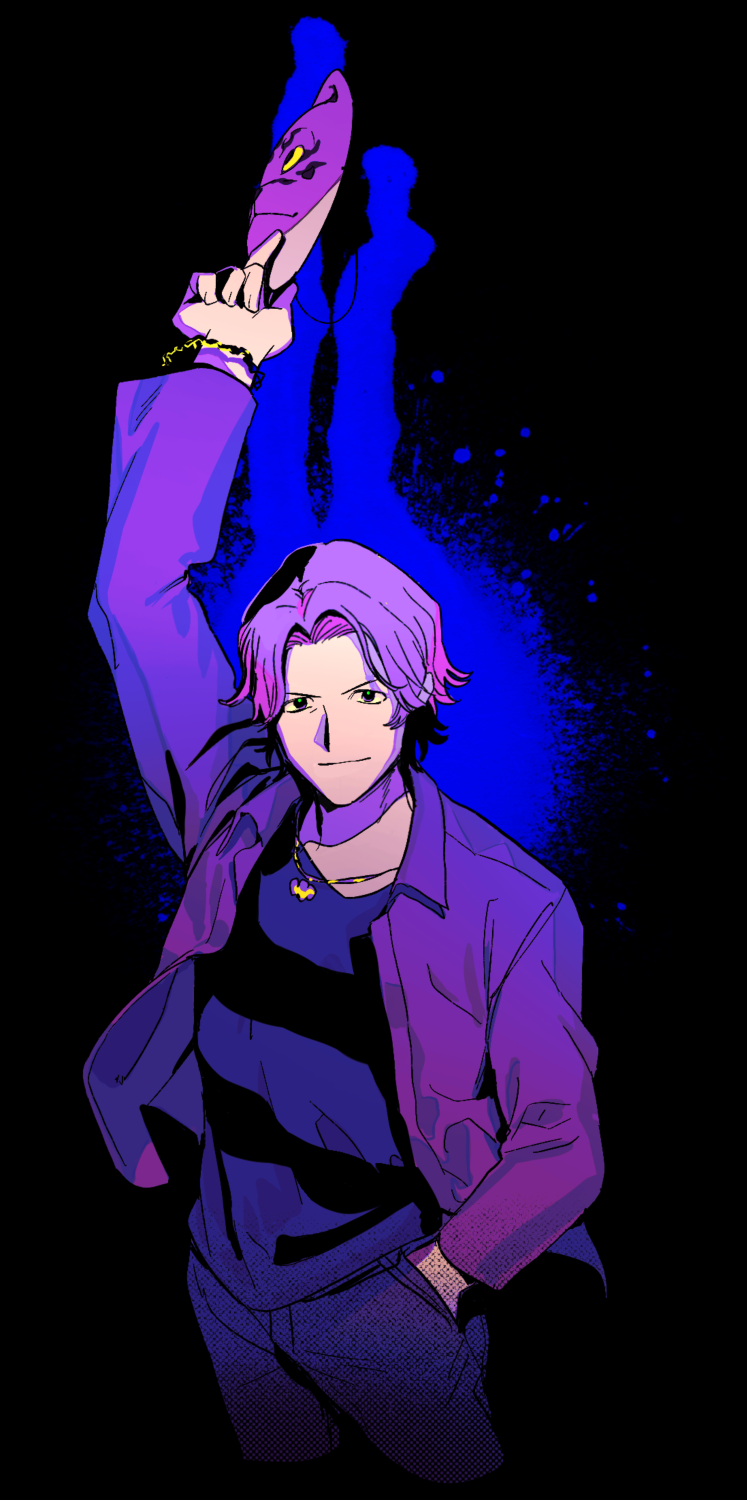 1boy, arm_up, bad_id, bad_source, bad_tumblr_id, black_background, black_eyes, blue_background, bracelet, cowboy_shot, hand_in_pocket, highres, holding, holding_mask, jacket, jewelry, looking_at_viewer, male_focus, mask, napoli_no_otokotachi, open_clothes, open_jacket, paguraisu, pants, pendant, purple_hair, purple_jacket, purple_pants, purple_shirt, ranchupa_(napoli_no_otokotachi), shirt, short_hair, smile, solo, splatter_background, striped_clothes, striped_shirt, v-shaped_eyebrows