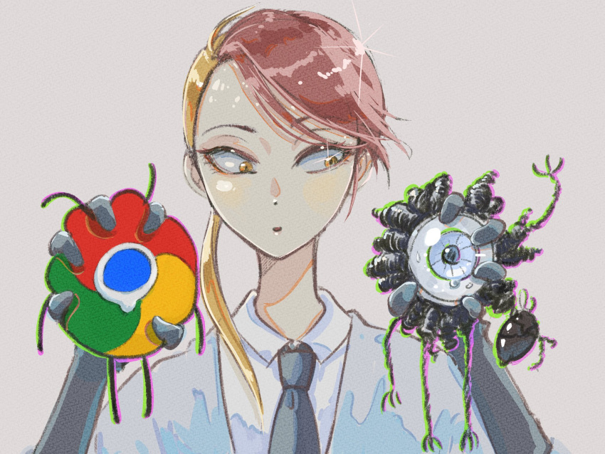 1other, androgynous, arm_up, blonde_hair, blue_eyes, brown_eyes, collared_shirt, creature