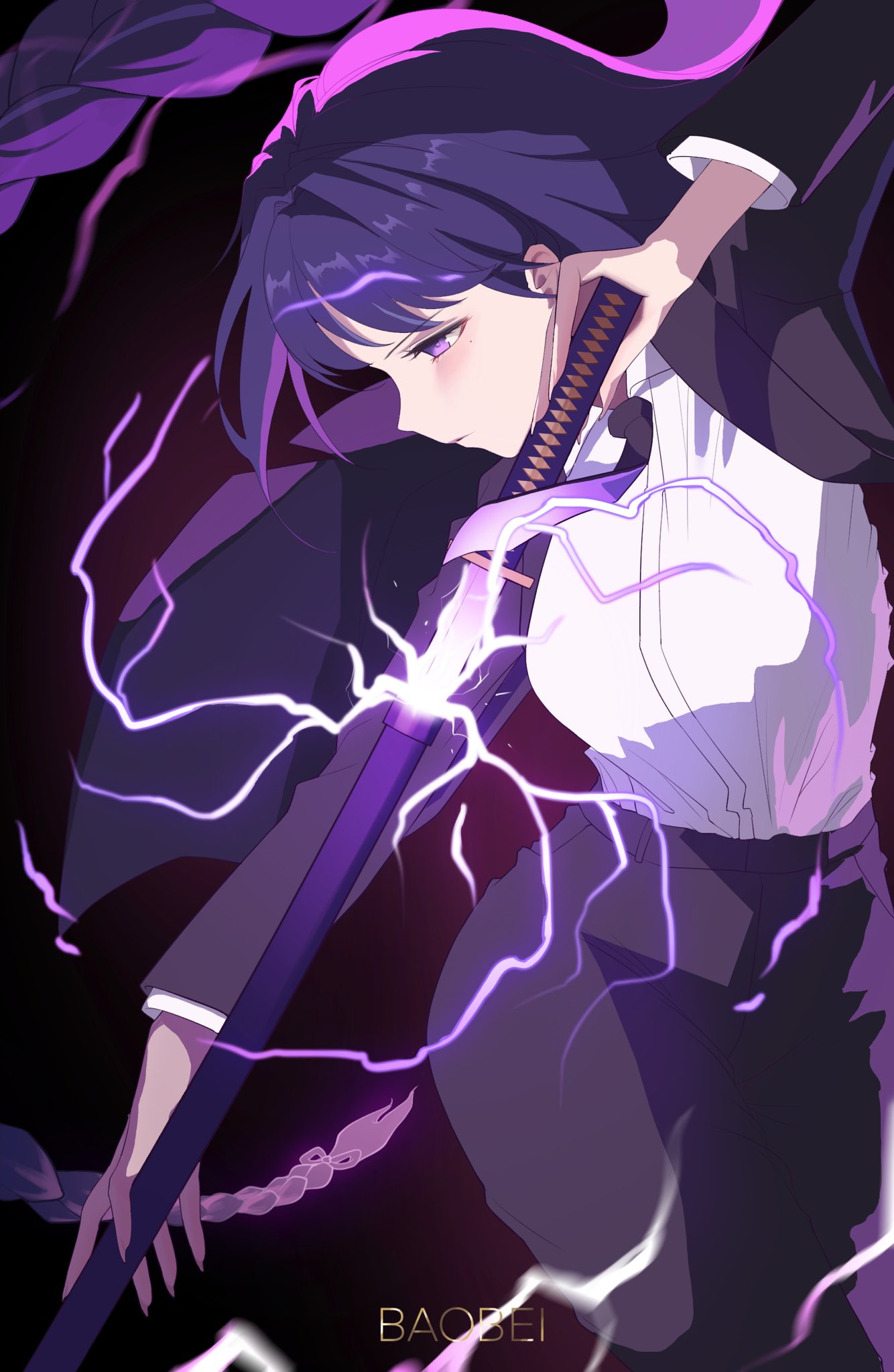 1girl, absurdly_long_hair, alternate_costume, baobei_(baobei_bu), black_jacket, black_necktie, black_pants, breasts