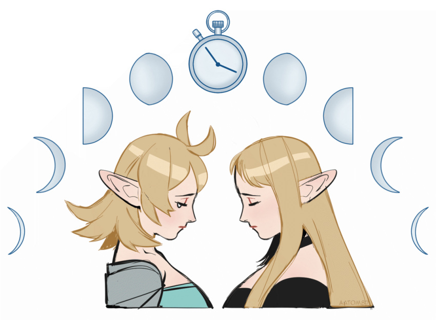 2girls, aatom87, antenna_hair, artist_name, blonde_hair, clock, commentary, crying
