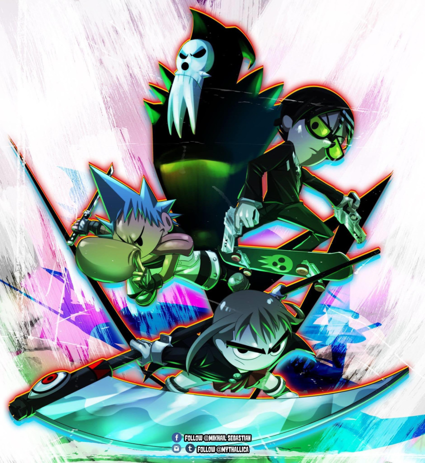 asymmetrical_hair, big_nose, billy_(grim_adventures), black_eyes, black_hair, black_star, black_star_(cosplay), blue_hair