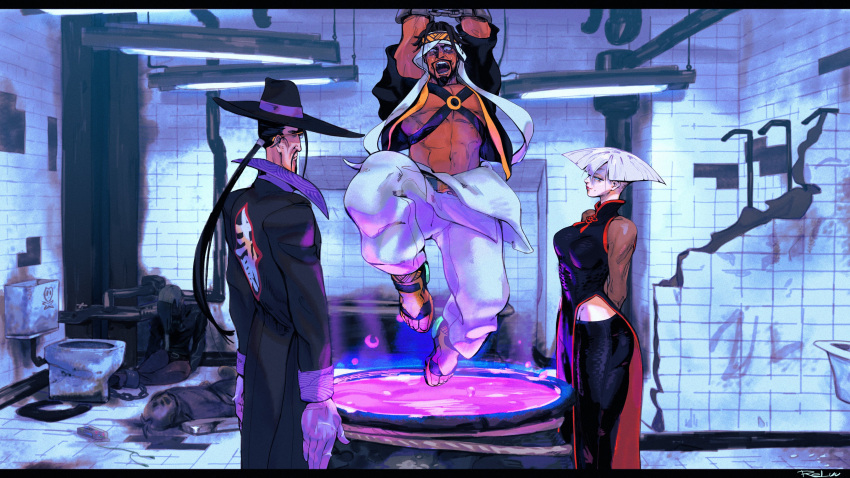 1girl, 4boys, a.k.i._(street_fighter), abs, absurdres, baggy_pants, black_dress, black_hair