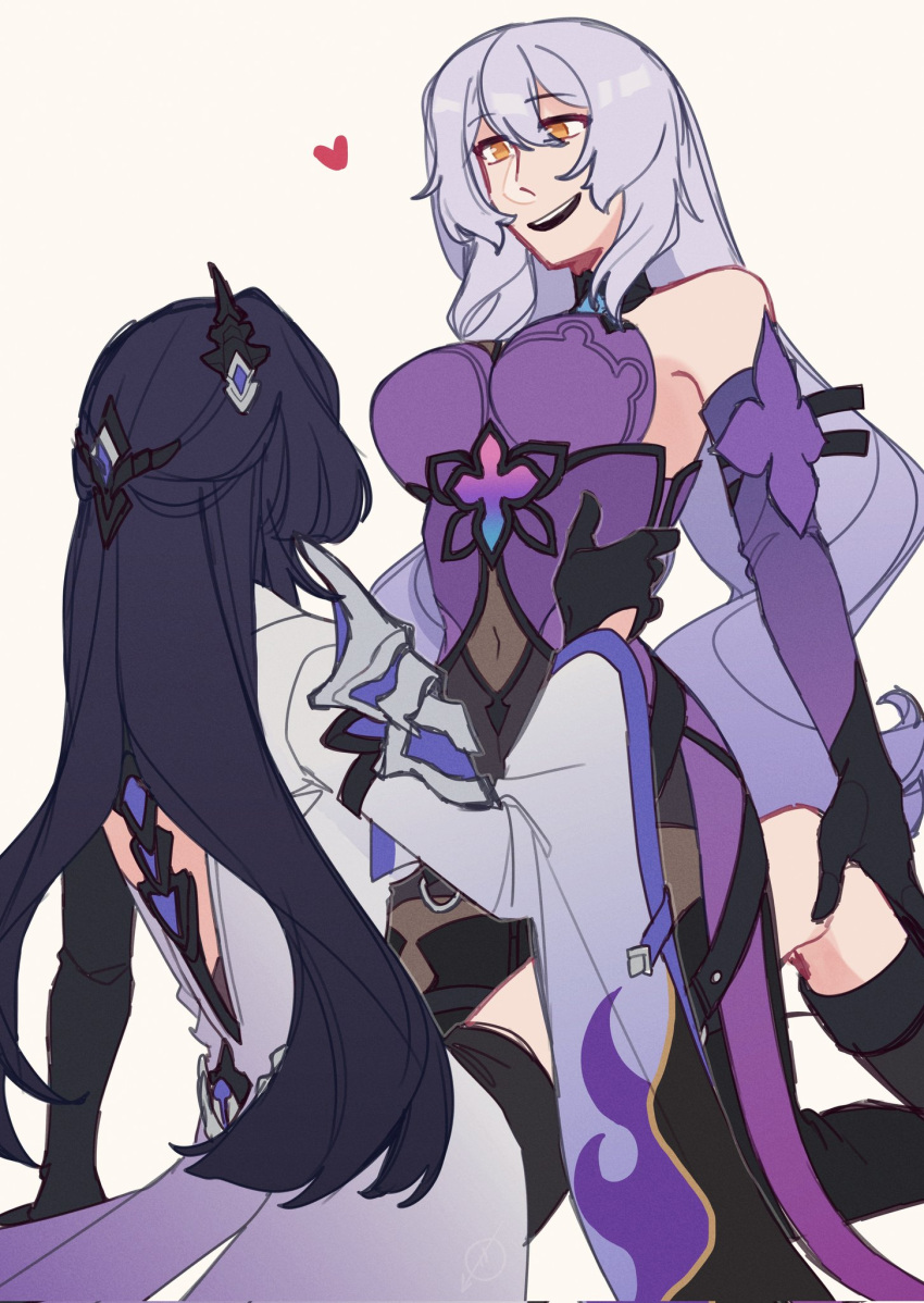 2girls, acheron_(honkai:_star_rail), armor, black_gloves, black_swan_(honkai:_star_rail), boots, charathegay, coat, detached_sleeves, gloves, heart, highres, honkai:_star_rail, honkai_(series), long_hair, looking_at_another, looking_down, multiple_girls, purple_hair, shoulder_armor, sitting, smile, thigh_boots, white_coat, white_hair, yellow_eyes, yuri