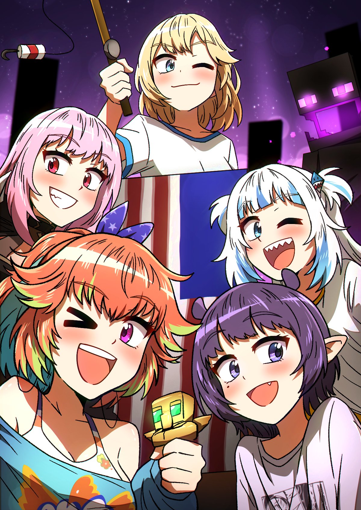 5girls, :d, alternate_costume, american_flag, blonde_hair, blue_eyes, blue_hair, blue_sweater