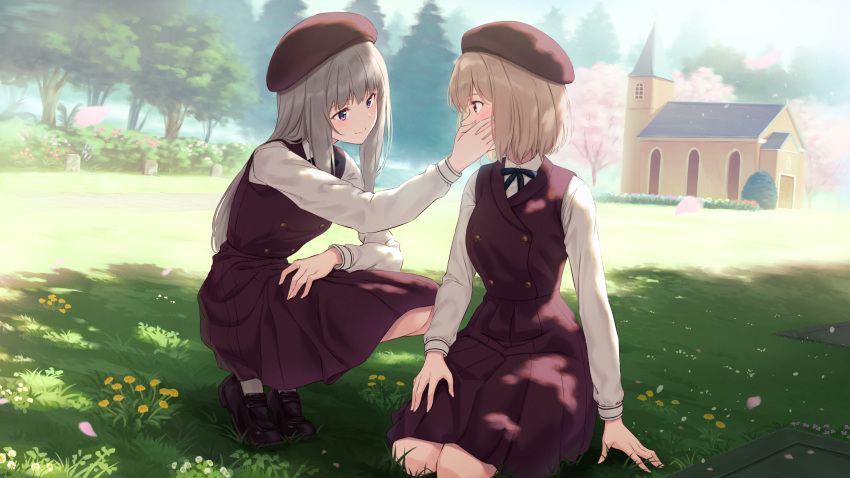 2girls, beret, black_ribbon, blush, brown_beret, buttons, double-breasted, eye_contact
