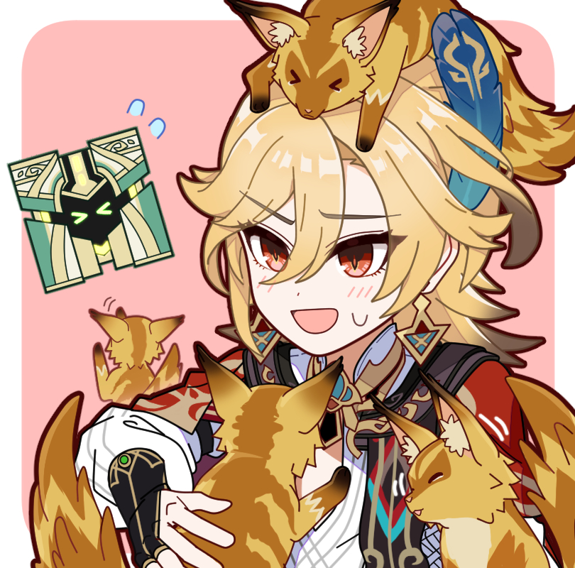 >_<, 1boy, blush_stickers, border, chibi, chibi_only, colored_lineart, desert_fox_(genshin_impact)