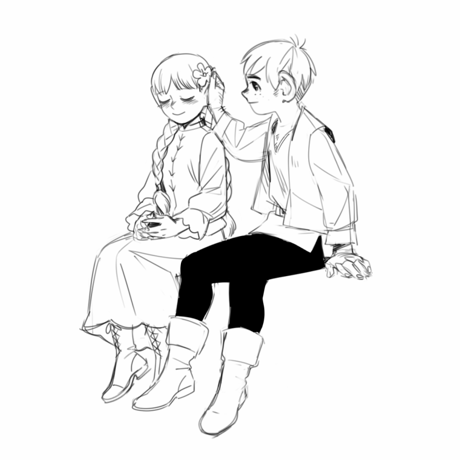1boy, 1girl, aatom87, arm_at_side, boots, braid, chilchuck's_wife, chilchuck_tims