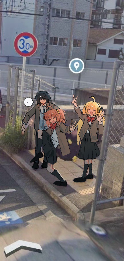 ..., 1boy, 2girls, artoria_caster_(fate), artoria_pendragon_(fate), chain-link_fence, contemporary, double_v