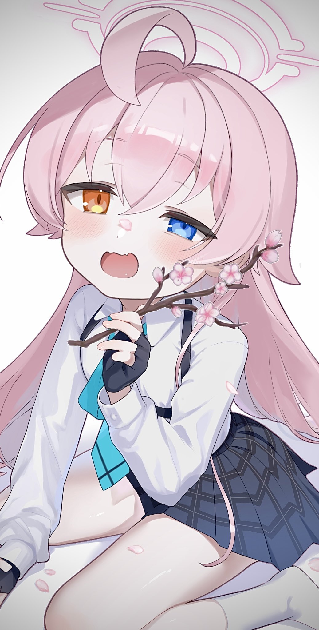 1girl, ahoge, black_gloves, black_skirt, blue_archive, blue_eyes, blue_necktie, blush