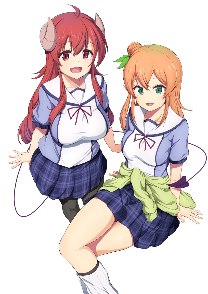 breasts, demon_girl, demon_horns, demon_tail, fang, green_eyes, hair_bun, highres