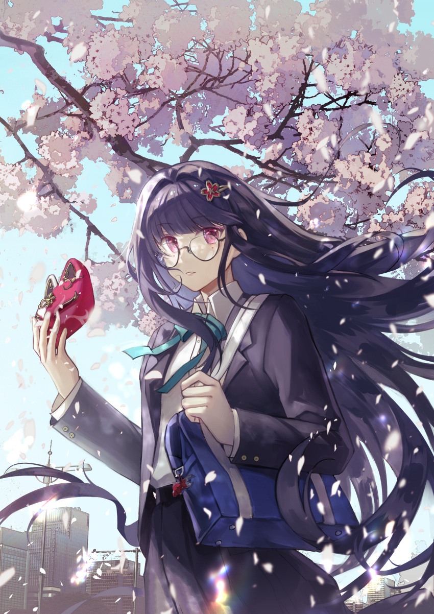 1girl, absurdres, bag, black_jacket, black_skirt, blazer, blue_ribbon, blue_sky