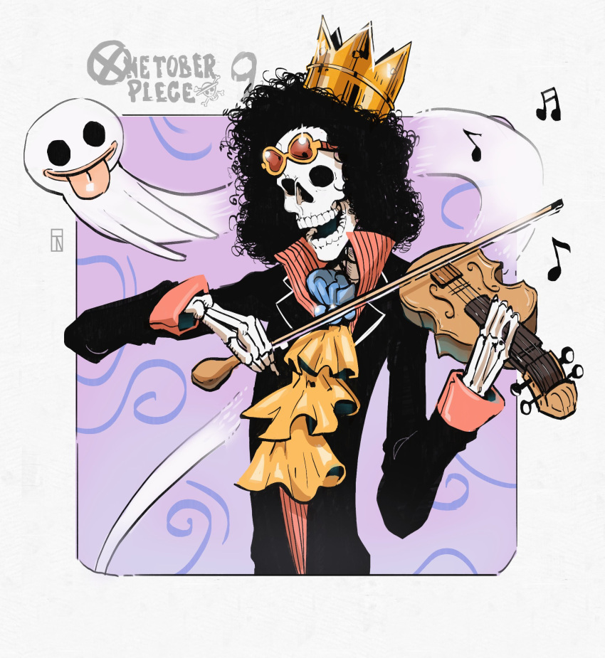 1boy, afro, ascot, black_hair, black_jacket, bow_(music), brook_(one_piece), crown