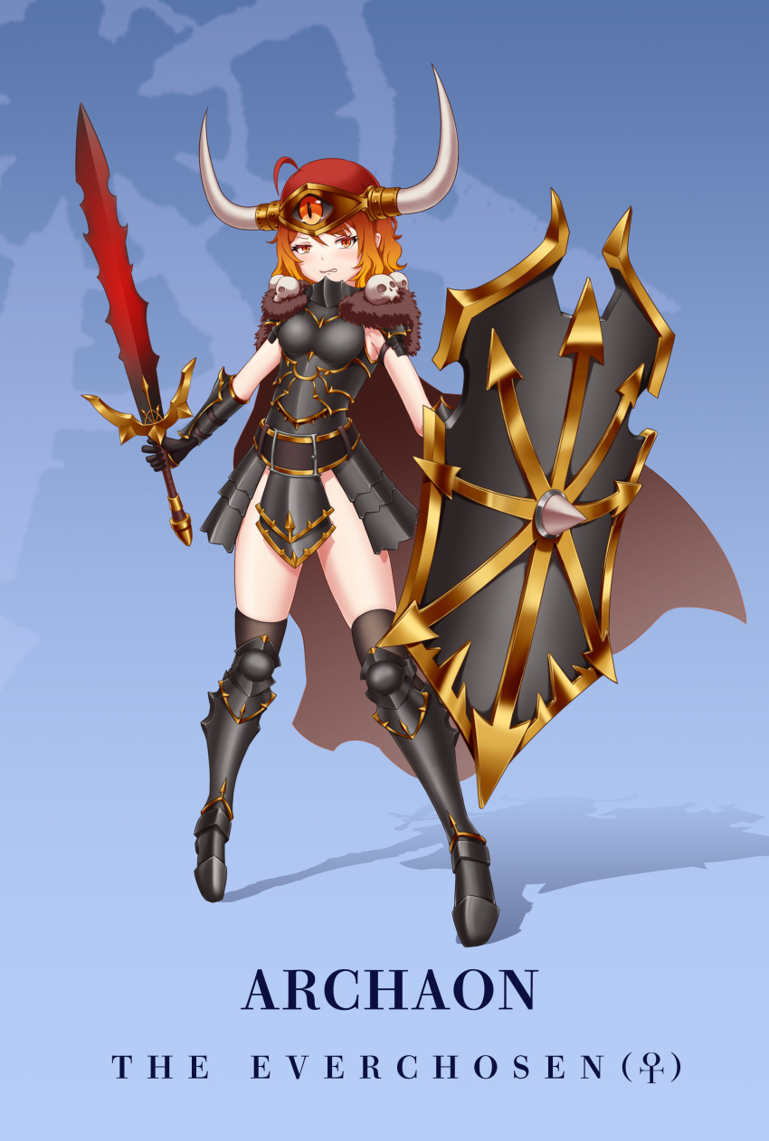 1girl, absurdres, ahoge, archaon_the_everchosen, armor, cape, chaos_(warhammer), character_name