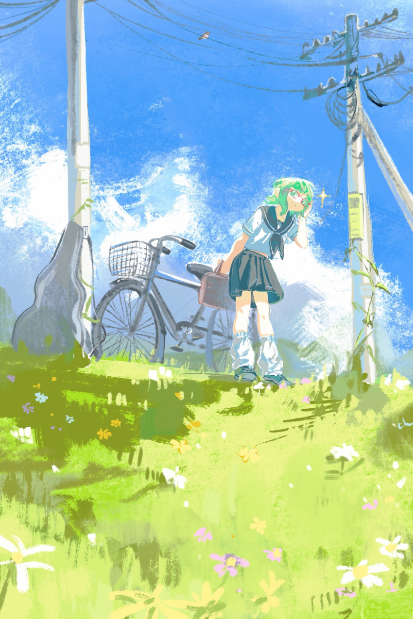 1girl, adjusting_eyewear, alternate_costume, bag, bicycle, blue_sky, flower, glasses, grass, green_eyes, green_hair, guitar_case, gumi, highres, holding, holding_bag, instrument_case, la_campanella_(gmfzge), power_lines, red-framed_eyewear, school_bag, school_uniform, serafuku, short_hair, short_sleeves, sky, solo, utility_pole, vocaloid, white_leg_warmers