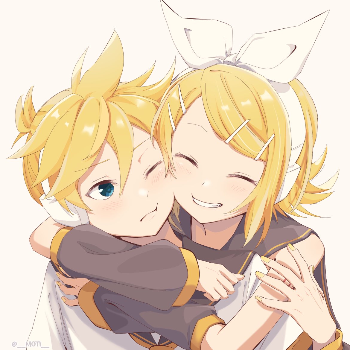 1boy, 1girl, :t, ^_^, ahoge, aqua_eyes, arms_around_neck, bare_shoulders