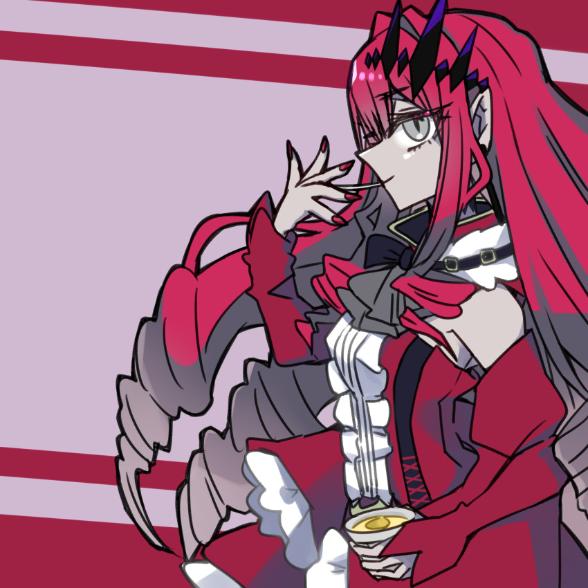 1girl, amatsuba8586, baobhan_sith_(fate), baobhan_sith_(first_ascension)_(fate), bare_shoulders, breasts, cup, detached_sleeves, dress, drill_hair, earrings, fate/grand_order, fate_(series), food, frilled_dress, frills, grey_eyes, hair_ornament, hand_up, highres, holding, holding_cup, holding_food, jewelry, looking_at_viewer, pink_hair, pointy_ears, pudding, red_dress, red_nails, sidelocks, simple_background, smile, solo, utensil_in_mouth