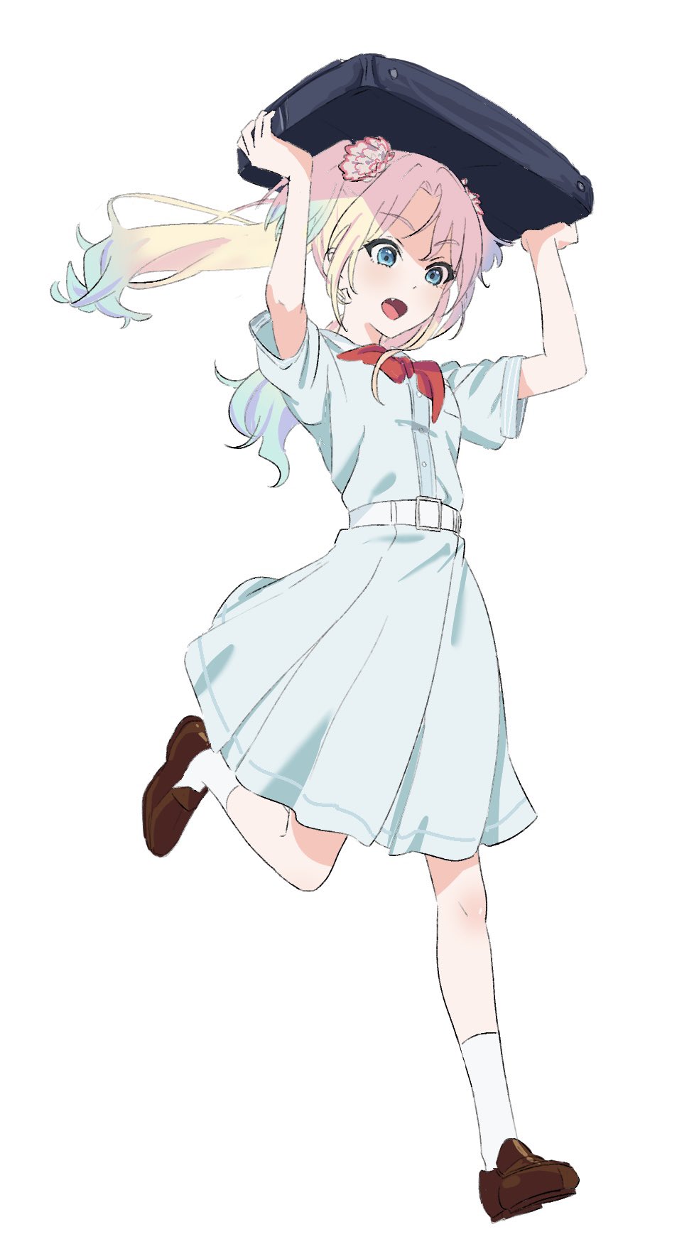1girl, bag_on_head, blonde_hair, blue_dress, blue_eyes, blue_hair, brown_footwear, carrying_overhead
