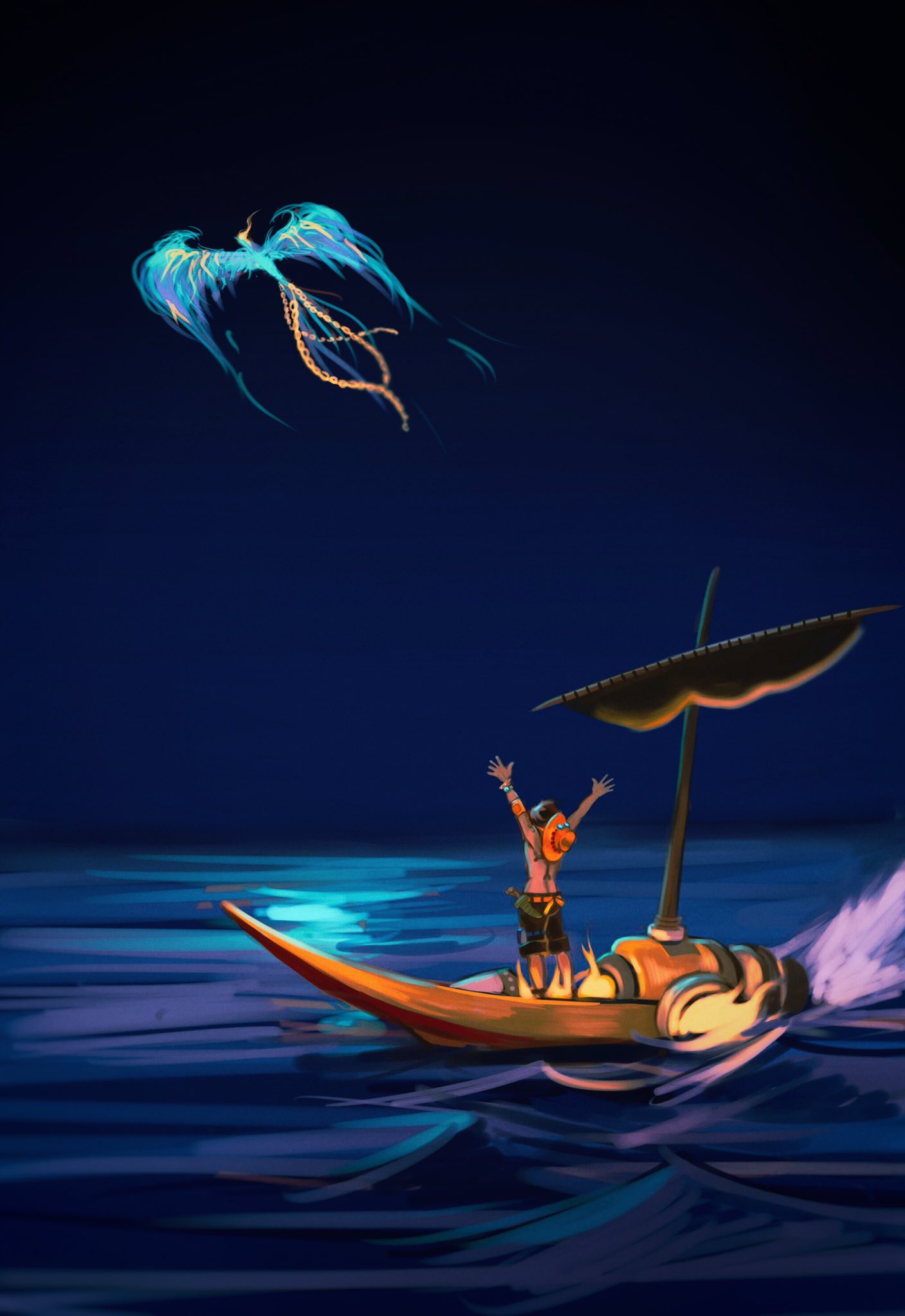 2boys, alternate_form, arm_tattoo, back, bird, black_shorts, boat, fire