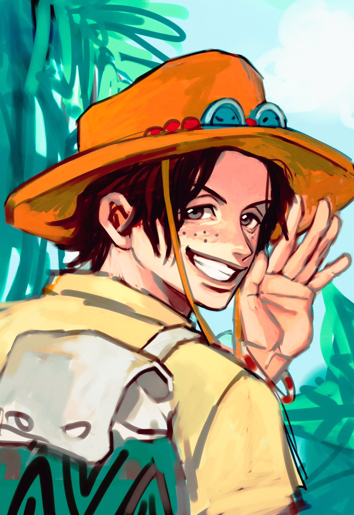 1boy, bag, black_hair, bracelet, commentary_request, freckles, hat, highres
