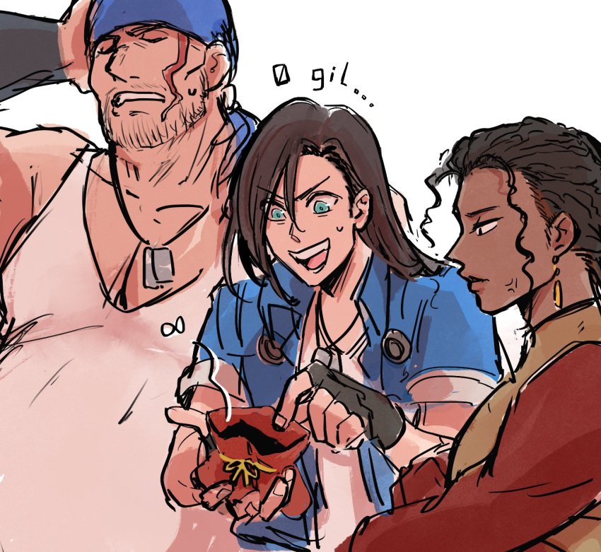 3boys, bandana, black_hair, blue_eyes, brown_hair, cheppo, closed_eyes, dark-skinned_male