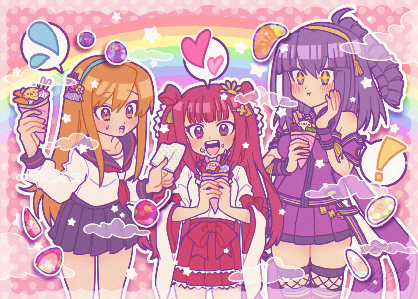 3girls, beatmania, food, fruit, ice_cream, multiple_girls, orange_eyes, orange_hair, orange_skirt, purple_hair, purple_sailor_collar, purple_skirt, raspberry, red_eyes, red_hair, red_sailor_collar, red_skirt, redhead, sailor_collar, sisters, strawberry, umegiri_ameto, umegiri_hifumi, umegiri_iroha, violet_eyes