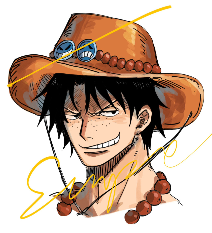 1boy, black_hair, commentary_request, freckles, hat, highres, jewelry, looking_to_the_side