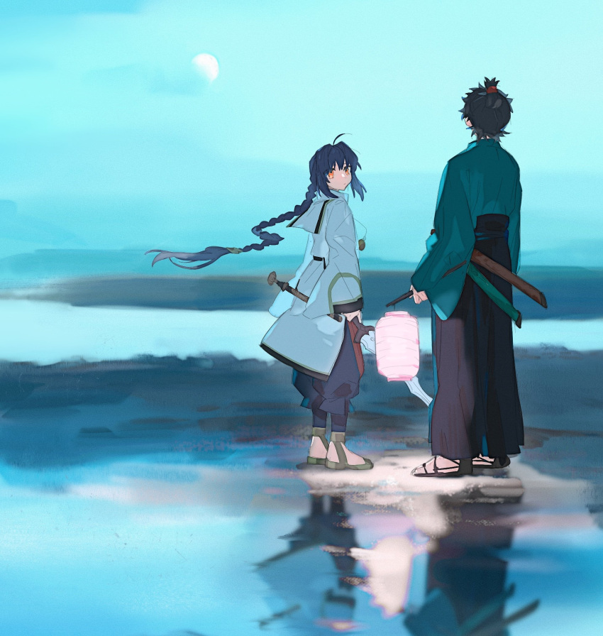 1boy, 1other, ahoge, androgynous, back, black_hair, black_hakama, blue_kimono