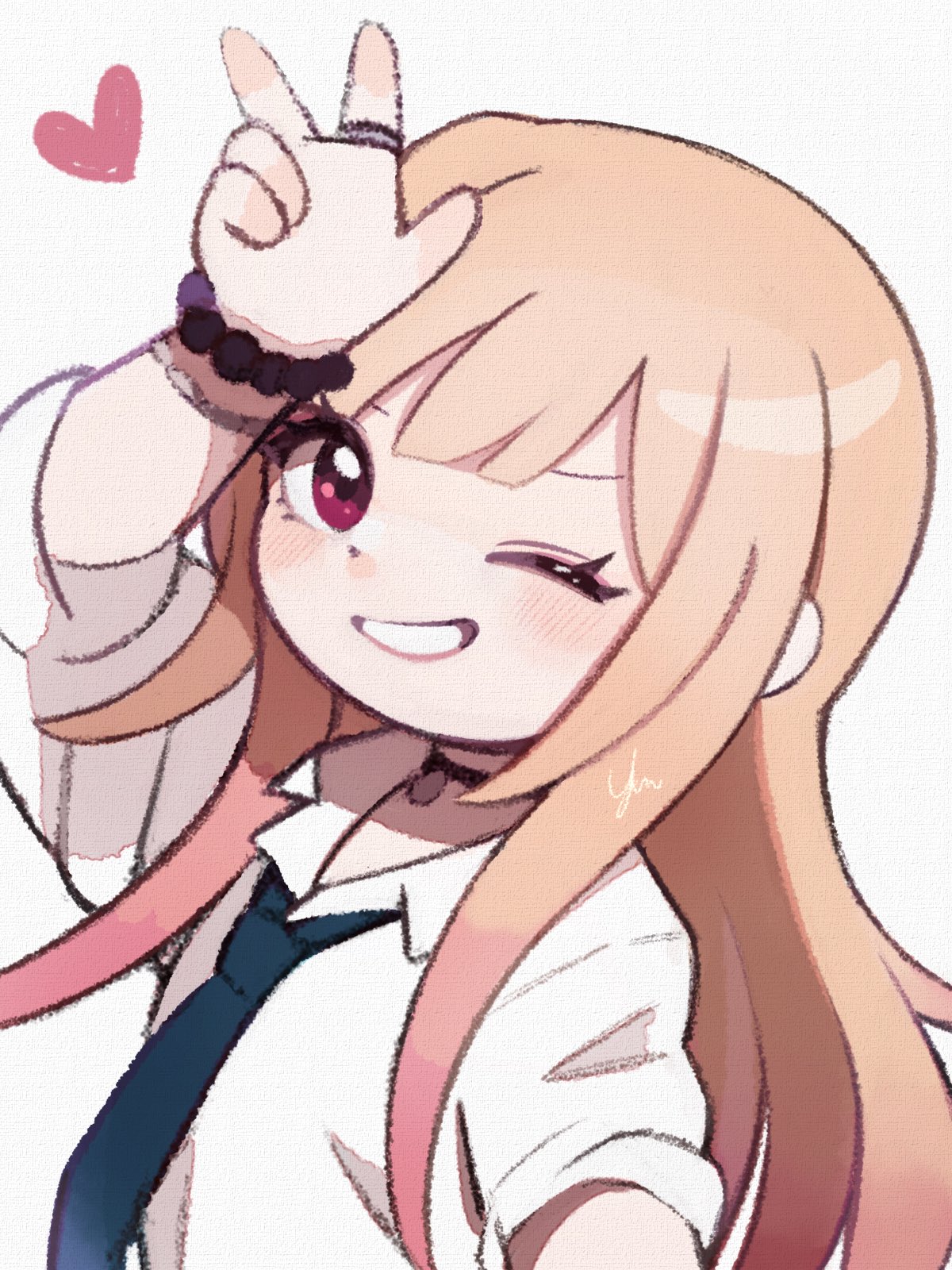 1girl, blonde_hair, collared_shirt, dot_nose, grin, heart, highres, kitagawa_marin
