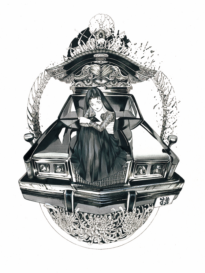 1girl, arm_tattoo, bare_shoulders, car, chest_sarashi, expressionless, flower, greyscale, hearse, hugging_own_legs, long_skirt, looking_at_viewer, monochrome, motor_vehicle, on_vehicle, original, peach_momoko, pleated_skirt, sarashi, sitting, skirt, skull, solo, spider_lily, tattoo, vehicle_request, white_background