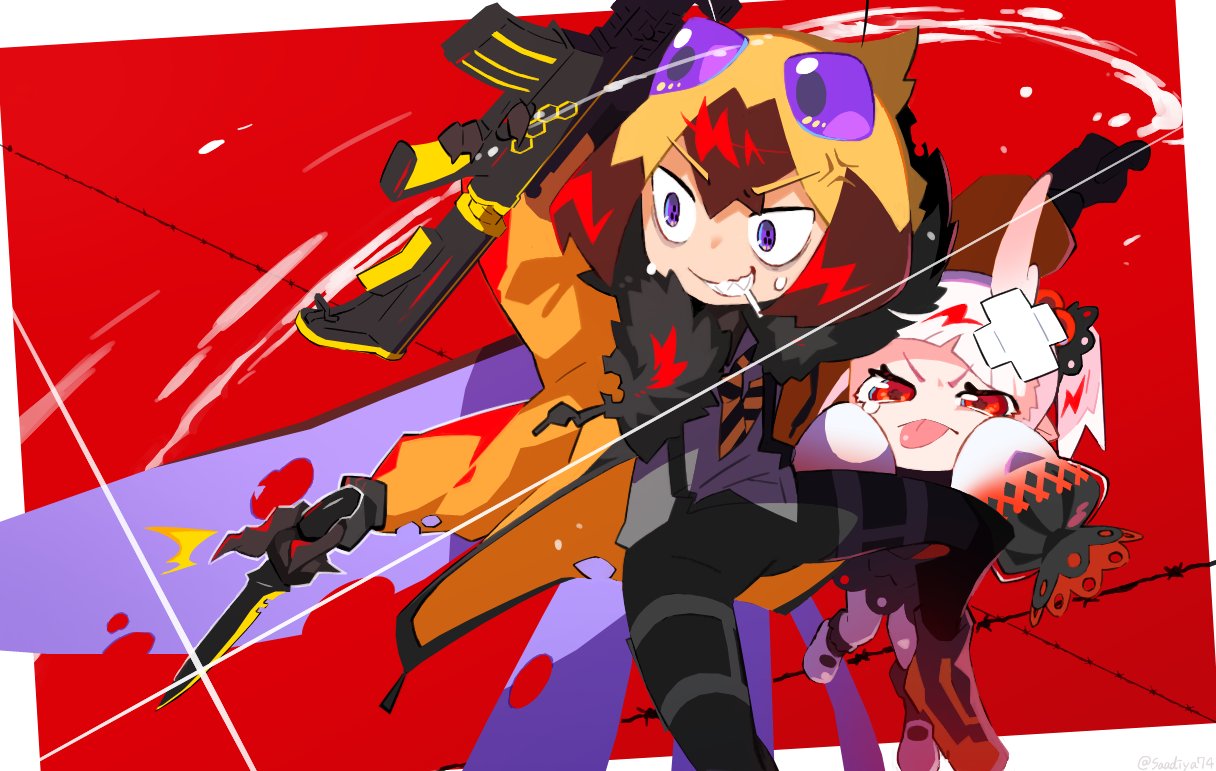 1boy, 1girl, antennae, arm_up, arthropod_boy, black_pants, blonde_hair, claws